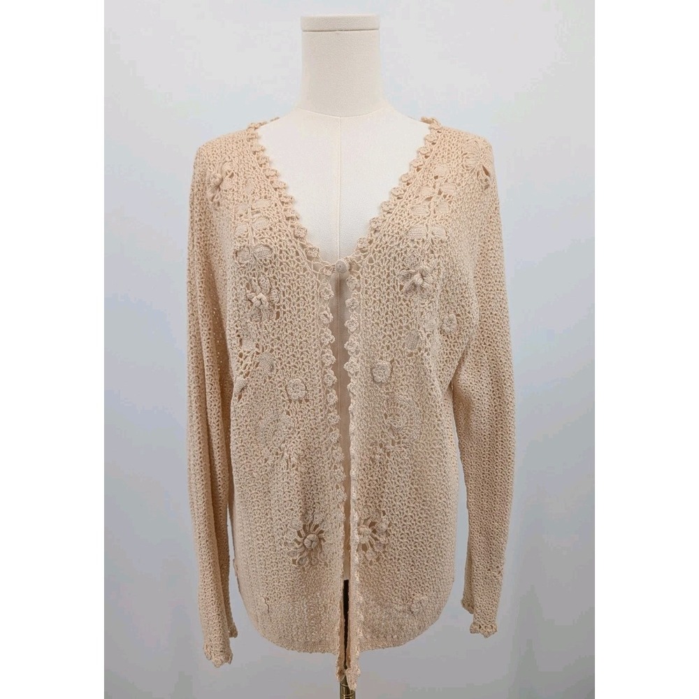 April Cornell Cream Crochet Cardigan Size XL Open Knit Boho Cottage Coquette